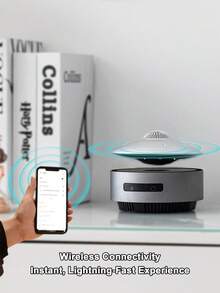 Teckwe Altavoz Bluetooth con levitación magnética en forma de OVNI, ornamento de escritorio elegante con tecnología negra, altavoz Bluetooth con levitación magnética de alta calidad y audio claro, decoración de escritorio con forma de OVNI, regalo de alta gama - Estándar británico - Ver 4