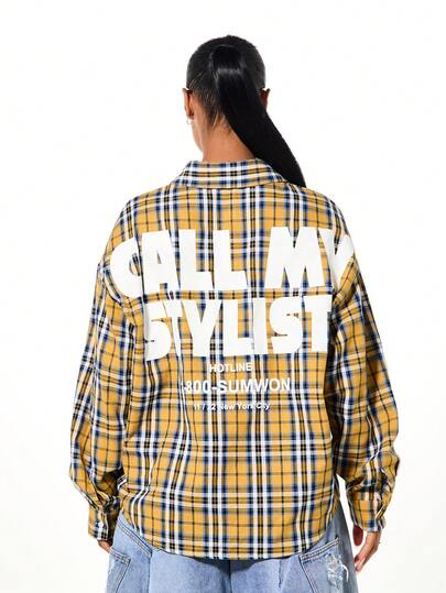 SUMWON WOMEN Oversized geruit overhemd met knoopjes en grafische print op de rug, blouse met lange mouwen en kraag, herfst/winter