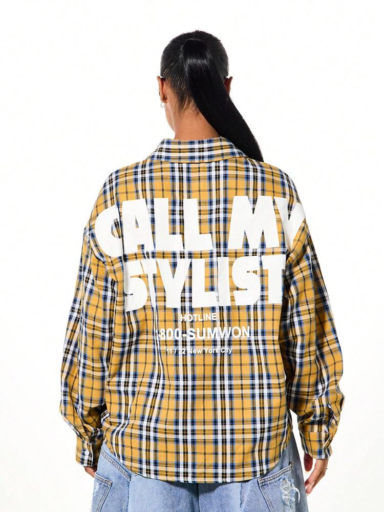 SUMWON WOMEN Oversized Plaid Button Down Shirt With Back Print