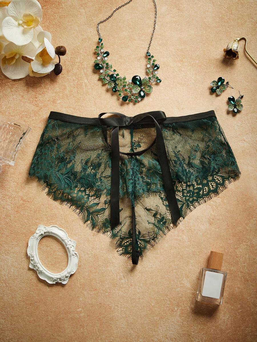 1件装女士低腰蕾丝边性感丁字裤，橄榄绿 - 墨綠色 - 查看 1