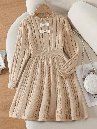 Sparklyn Tween Girls Sweater Dresses, Fashion Elegant Cute Bow Puff Sleeve Pullover Short Dress