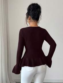 SHEIN Elenzya Women's Elegant Metal Buckle Cuff & Ruffle Hem Design Long Sleeve Sweater, Autumn/Winter - Red Violet - View 2