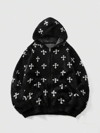 Men's Vintage Dark Cross Pattern Zip-Up Hooded Cardigan