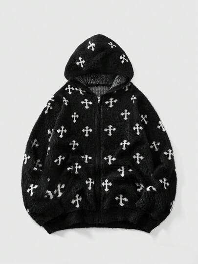 Men's Vintage Dark Cross Pattern Zip-Up Hooded Cardigan
