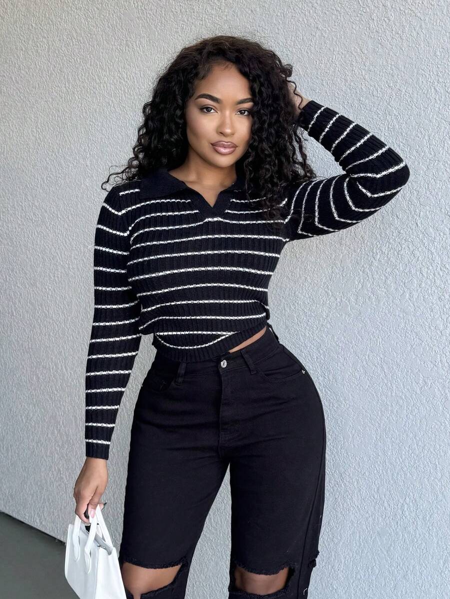 Alexandranx V-Neck Striped Slim Fit Sweater, Casual & Fashionable For Daily Wear Knit Pullover Fall Winter Outfit - Black - View 1
