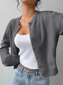 SHEIN BASICS 休閒素色圓領長袖寬鬆短版女款開襟針織外套 女款冬季外套 - 灰色 - 查看 7