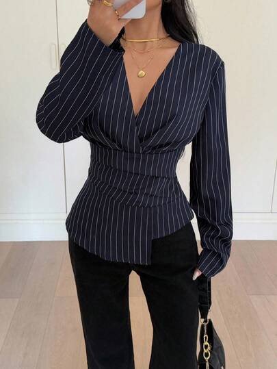Siren Gaze New Autumn And Winter Waist Striped Long-Sleeved Shirt, Navy Blue Old Money Style Fashionable Commuter Shirt For Women,Fall,Fall Clothes For Women Elegant
