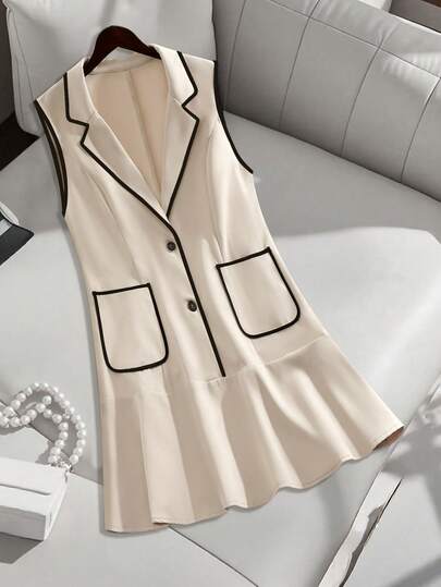 EMERY ROSE 大码女式杏色和黑色极简无袖西装裙，秋季