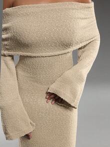 Normani Women's Off-Shoulder Turtleneck Extra Long Knitted Dress, Autumn/Winter - Khaki - View 6