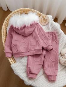 Babygirl 可爱粉色长袖连帽衫和裤子套装，秋冬 - 粉色 - 查看 2