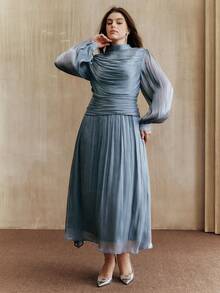 Anewsta Elegant Fashion Holiday Party Ruched Long Sleeve Flared Dress, Autumn/Winter - Dusty Blue - View 4