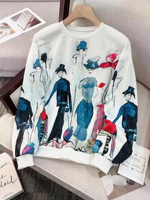 SHEIN 抽象艺术渐变扎染水墨画肖像彩色超宽松圆领秋冬棉服 - 白色 - 查看 1