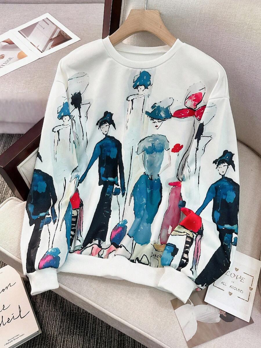 SHEIN 抽象艺术渐变扎染水墨画肖像彩色超宽松圆领秋冬棉服 - 白色 - 查看 1