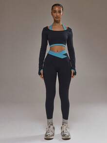 Musera Sport Kontrast-Layering Langarm-Oberteil nur für Padel Herbst Winter Aktivbekleidung Sport Fitness Workout Legierung