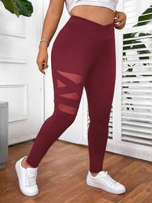 SHEIN PETITE CURVE 大码女式纯色基础日常打底裤 - 酒紅色 - 查看 3