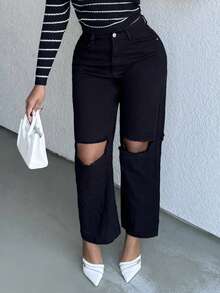 Alexandranx 高腰鏤空直筒牛仔褲 - 黑色 - 查看 6