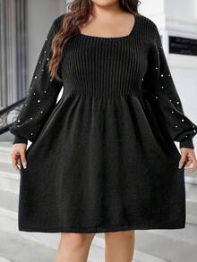 SHEIN CURVE+ Christmas Plus-Size Women's Beaded Square-Neck Dress, Winter Woolen Dress - Black - View 3