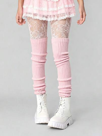 ROMWE J-Fashion 1 Pair Of Women's High-Quality French Retro Lace Rose Pattern Pantyhose + 1 Pair Of Pink Knee Leg Covers, High-Elasticity Pantyhose Sock Cover Combination, Hollow Design, Slimming Effect.