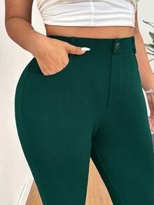 SHEIN EZwear 大码女式高腰口袋修身休闲橄榄绿裤 - 墨綠色 - 查看 5