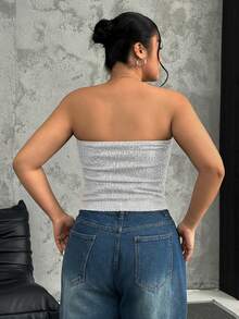 SHEIN EZwear 大码银色亮片褶皱抹胸上衣，女士加垫抹胸上衣，灰色抹胸上衣，性感秋冬、圣诞节、新年、感恩节、派对、婚礼、海滩、毕业典礼、时尚、优雅、休闲、外出、约会、预约、通勤 - 銀色 - 查看 11