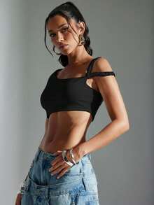 Denimoi 扭肩不对称领口短款上衣 - 黑色 - 查看 4