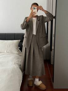 DAZY Vintage Suit Set For Women, Winter, Refined Mature Vibe, Wool Blend Jacket & Skirt 2 Pieces Set - Brown - View 7