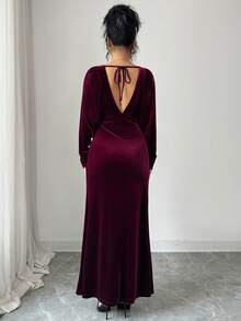 Lyxana Đầm dự tiệc sang trọng thu đông cổ điển tối giản cổ điển tay cánh dơi tay lỡ thắt eo viền đuôi cá xếp ly phía trước thắt nơ cổ thanh lịch kiểu Pháp công sở đi làm thường ngày cho nữ thích hợp cho Halloween, Giáng sinh, Lễ tạ ơn, Trà chiều, Năm mới - Màu Tím - Xem 2