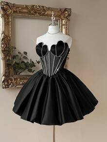 Lovelzi 优雅奢华黑色网纱拼接缎面手工水钻链珠领腰部透视高低摆正式礼服 - 黑色 - 查看 5