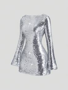 Sweetra Petite Váy sequin cao cấp mới cho mùa thu/đông, váy dự tiệc - Bạc - Xem 3