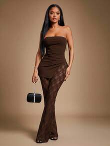 Radiana Women's Sexy & Elegant Black Lace 2-Piece Set, Includes Thick Ribbed Bandeau Top And Lace Flare Pants, High Elasticity Fabric Contouring Body, Suitable For Dates, Gatherings, Parties, Clubs, Nightlife,Spring To Summer, - Brown - View 4