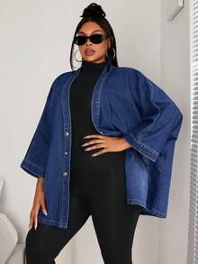 SHEIN SXY Plus Size Front Button Long Sleeve Pocket Casual Christmas Women Thanksgiving Women Poncho Denim Coat - Dark Wash - View 6