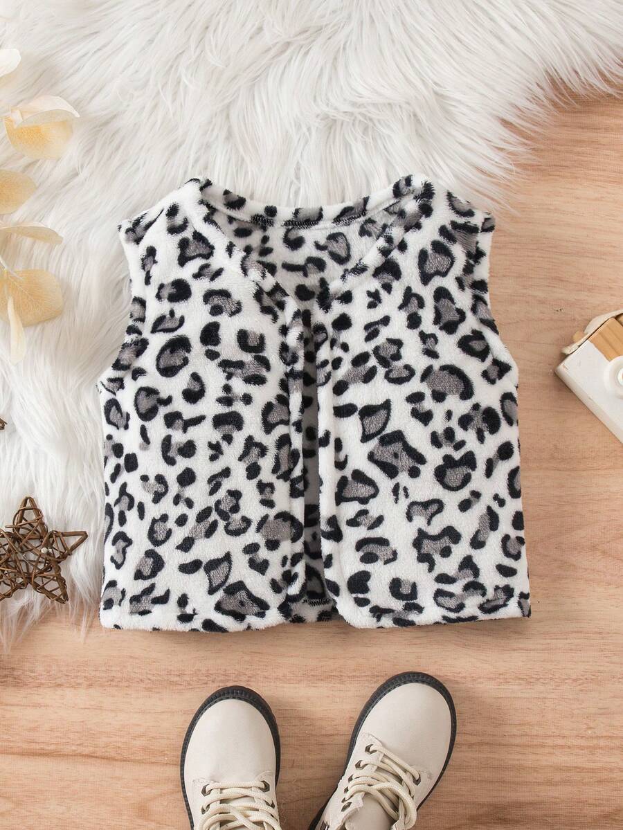女童休闲仿皮草棕色豹纹背心外套，秋冬季 - 黑與白 - 查看 1