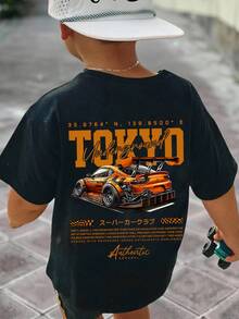 男婴休闲宽松舒适复古汽车、卡通、涂鸦、英文字母印花短袖上衣，适合夏季穿着