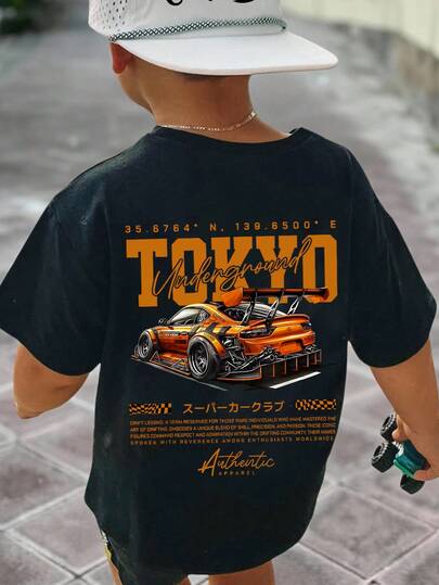 男婴休闲宽松舒适复古汽车、卡通、涂鸦、英文字母印花短袖上衣，适合夏季穿着