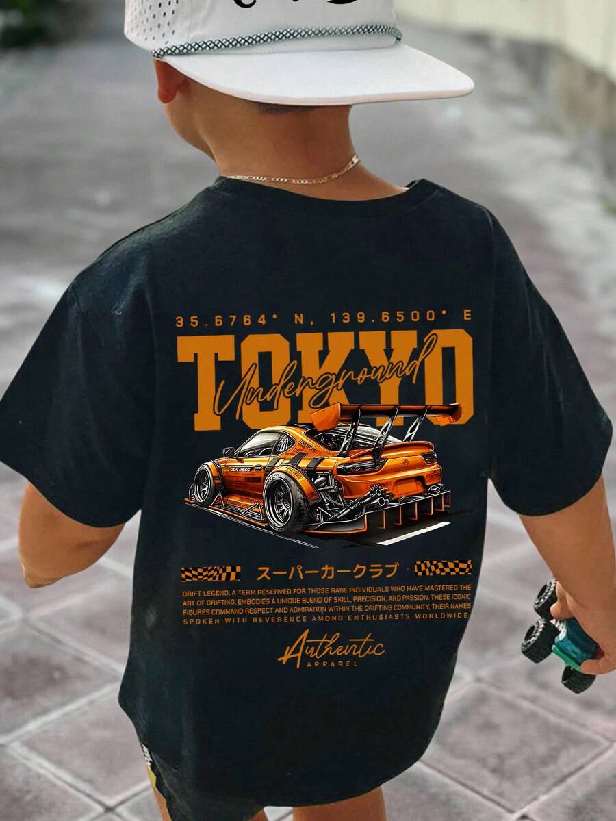 男婴休闲宽松舒适复古汽车、卡通、涂鸦、英文字母印花短袖上衣，适合夏季穿着