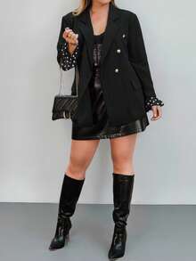 SHEIN Privé Plus Size Women Lapel NeckMetal Double-Breasted Polka Dot Patchwork Flare Sleeve Blazer Jacket - Black - View 6