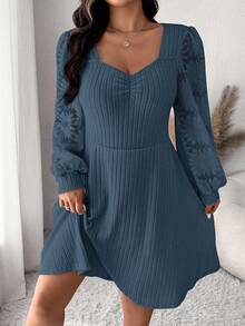 SHEIN Frenchy Váy dài tay cổ tim màu trơn cỡ lớn có gân - Màu xanh lá cây đậm - Xem 1