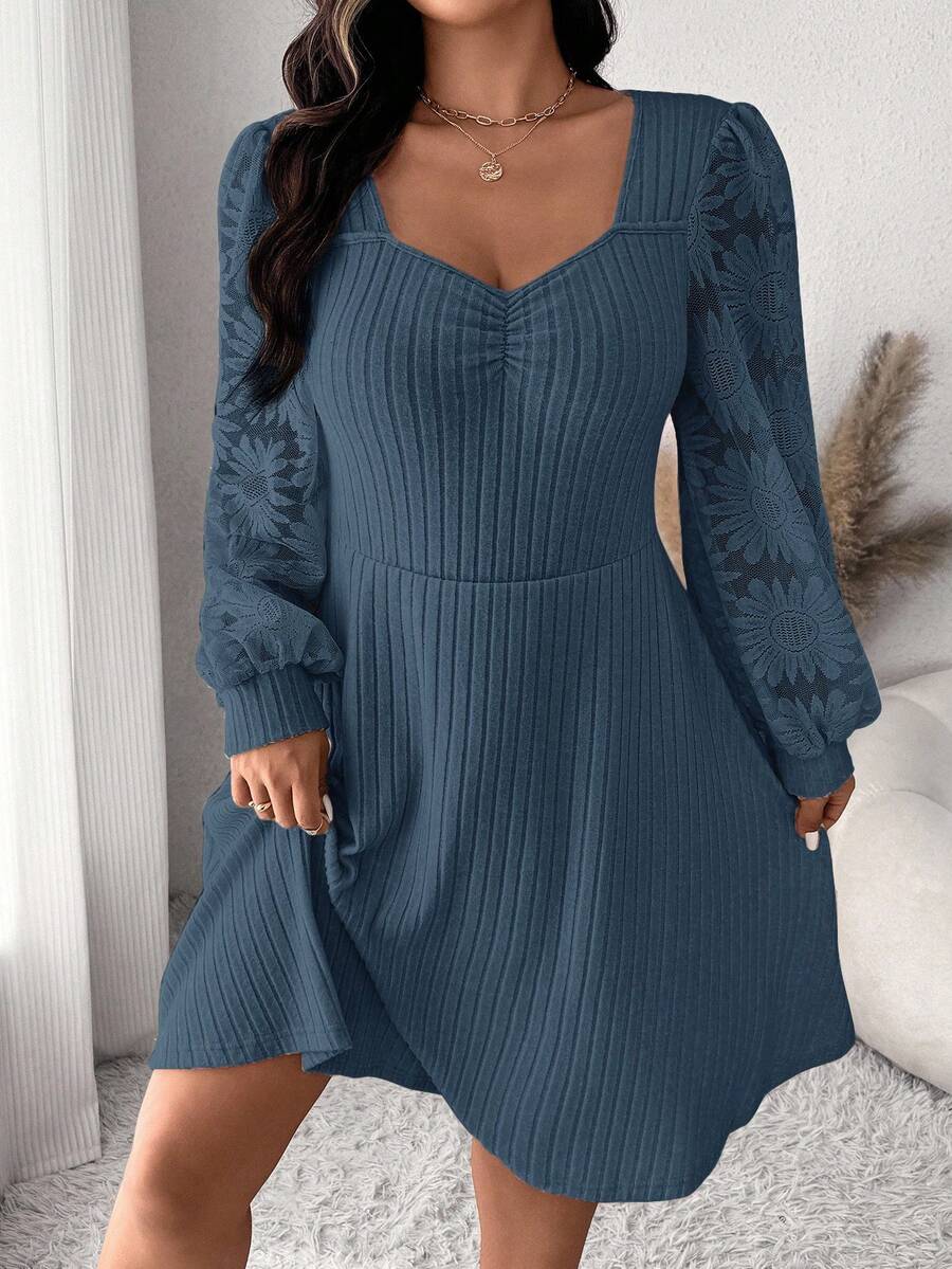 SHEIN Frenchy Váy dài tay cổ tim màu trơn cỡ lớn có gân - Màu xanh lá cây đậm - Xem 1