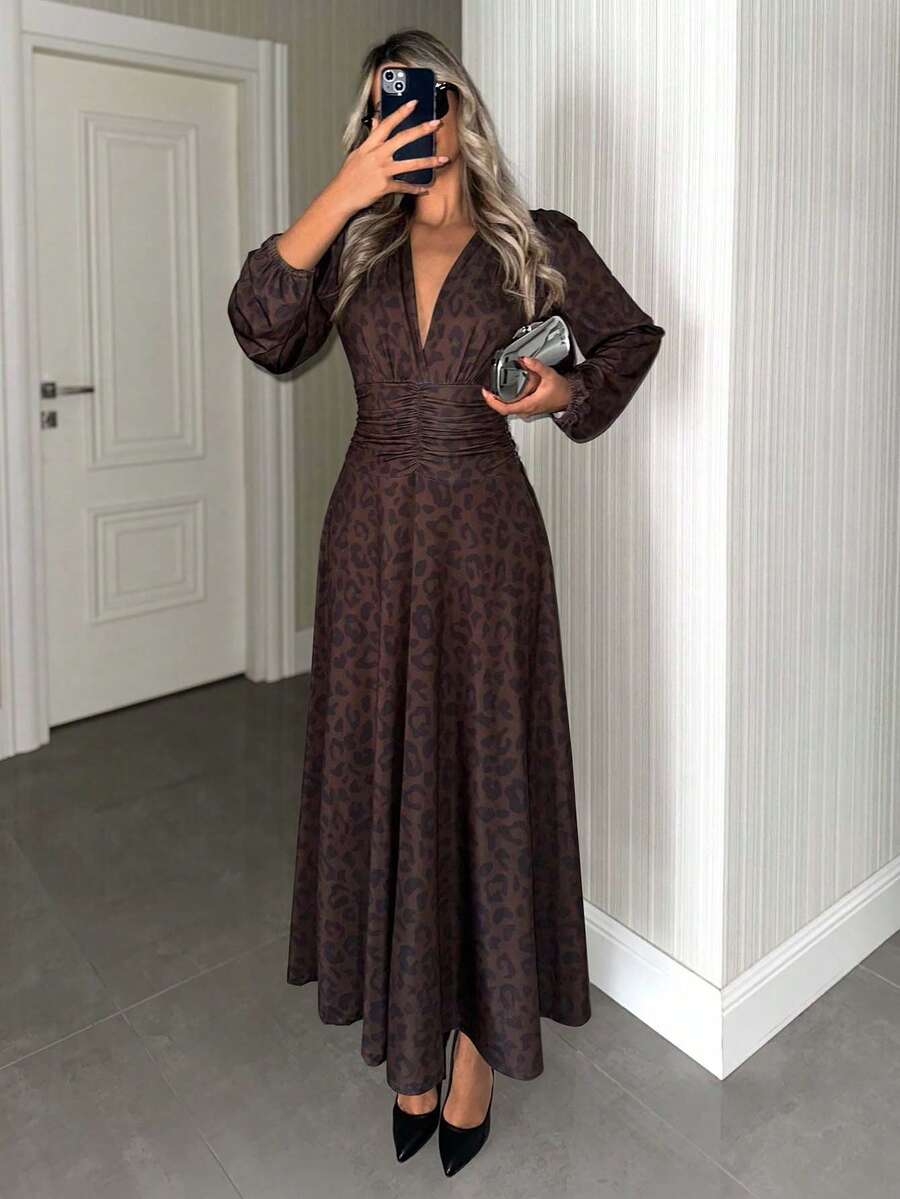 EURMUSE Leopard Print Long Sleeve Short Dress - Brown - View 1