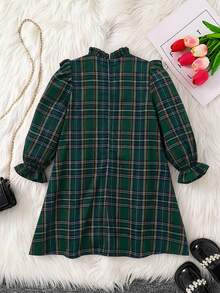 SHEIN Emery Rose Kids 女童优雅格子拼接蝴蝶结装饰荷叶边下摆宽松长袖连衣裙，适合圣诞节、秋冬季、派对、上学、日常休闲穿着