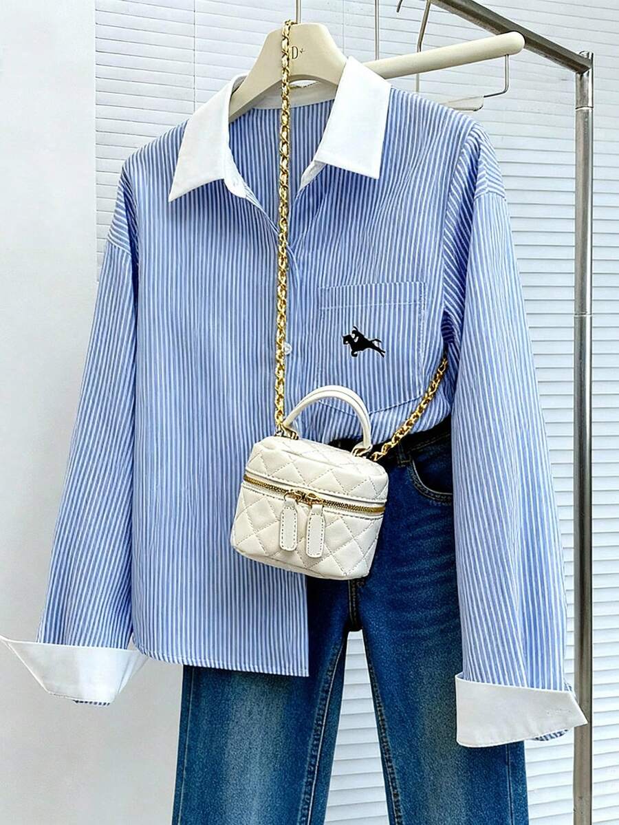 Resyla Striped Decor Lapel Casual Women's Fashion Shirt - Blue - View 1