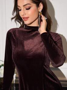 Modelyn 酒红色丝绒长袖修身连衣裙，优雅精致的女士连衣裙 - 酒紅色 - 查看 6