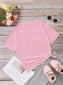Sparklyn Tween Girl Pink T-Shirt, Spring/Summer, Cute & Cool Anime Purple Girl Pattern, All-Match Versatile Everyday Wear, Featuring Cartoon K-POP Girl Design And K-POP Logo, Pink T-Shirt, Suitable For Autumn/Winter - Pink - View 3