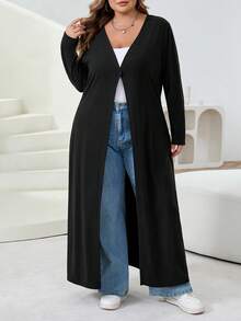 SHEIN CURVE+ 加大码纯色修身纽扣休闲开衫，女式秋季冬季服装 - 黑色 - 查看 5
