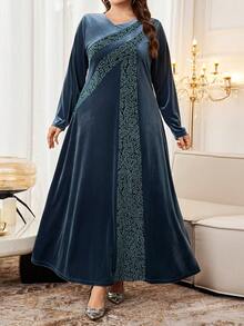 Al Najma Plus Size Women Velvet Jacquard Patchwork Elegant Minimalist Autumn/Winter Turkish Arabic Dress Kaftan Jalabiya Dress - Mint Blue - View 7