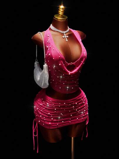 Amplova Women's Solid Color Plunging Neck Faux Pearl Decor Halter Top And Side Drawstring Skirt Sexy 2 Pieces Set