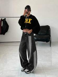 StreetHx 女士口袋条纹阔腿宽松休闲牛仔裤 - 黑色 - 查看 4