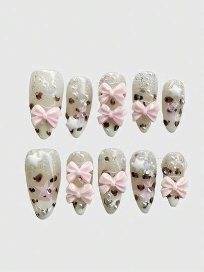 Kawaii أظافر زائفة مصنوعة يدويًا بشكل قلب رومانسي مزين بالدانتيل وأجنحة بيضاء على شكل موسيقى وفراشة وردية، إصدار جماعي مناسب للخروجات اليومية والمواعيد