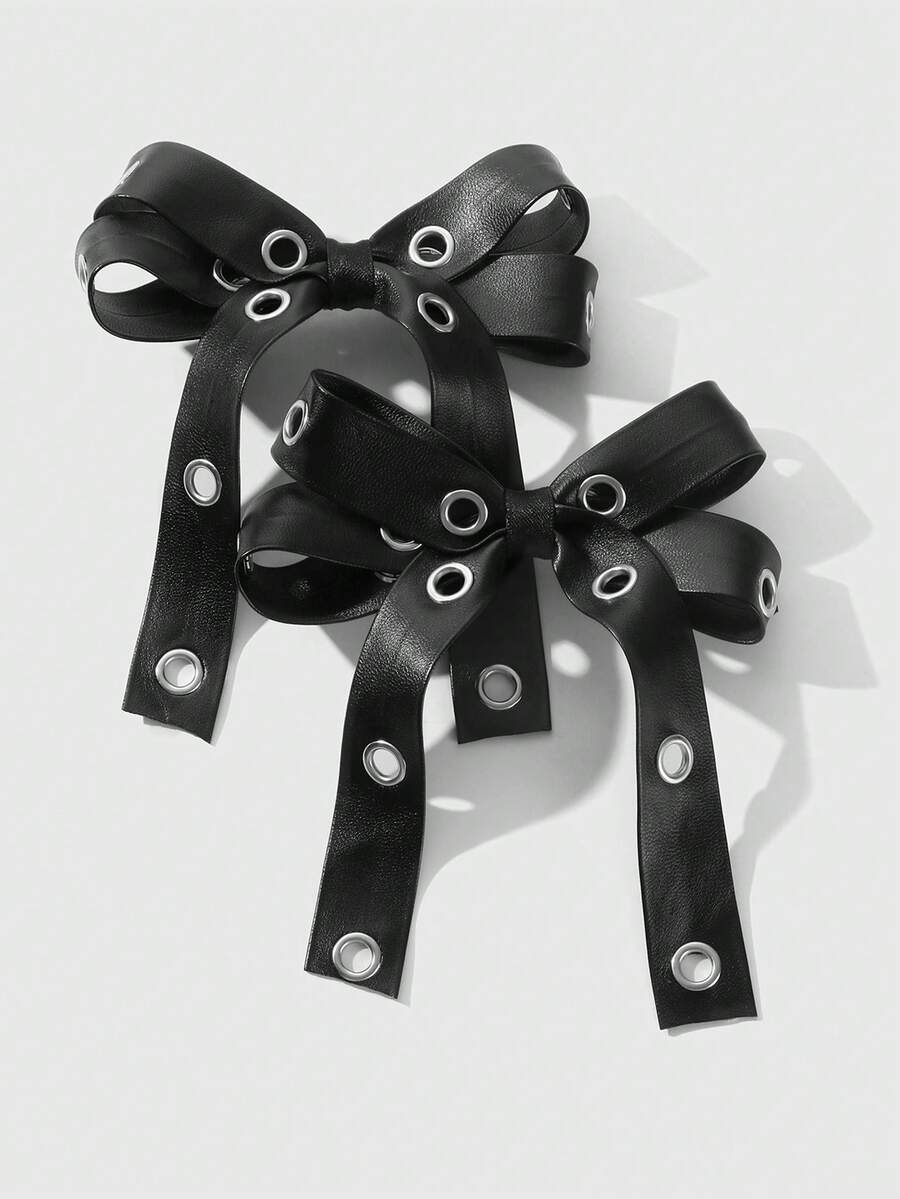 ROMWE Grunge Punk 2个Y2K风格复古优雅朋克哥特黑色皮革双透气蝴蝶结装饰DIY发夹爪发卡，适合姐妹、朋友日常佩戴或节日礼物，万圣节 - 黑色-13 - 查看 1