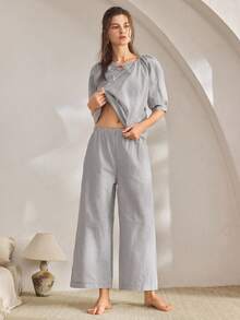 Ocili Comfortable Cotton Striped Drawstring Cropped Pants Women Pajama Set - Grey - View 4